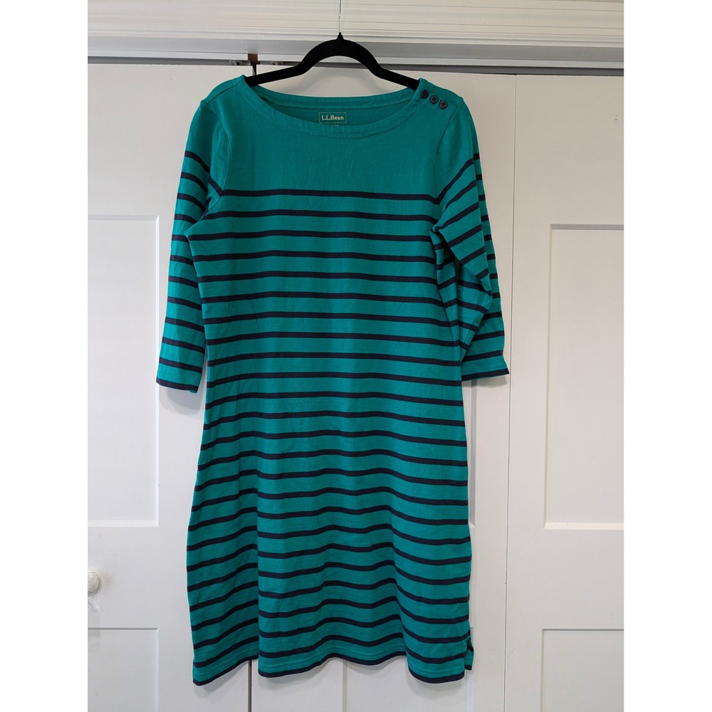 LL Bean Womens Teal Navy Blue Striped Cotton 3/4 Sleeve Boat Neck Dress Large